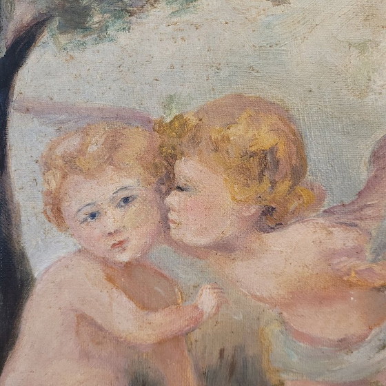 Image 1 of Paire de peintures à l'huile « Chérubins », D. Berthault, Art nouveau, 1922 – France