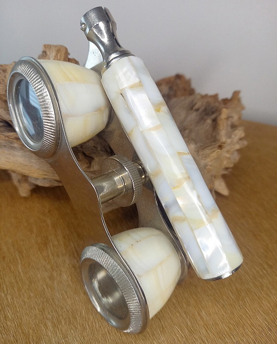 Image 1 of Vintage theatre glasses (opera glasses), made of metal and finished with mother-of-pearl (nacre) shell inlay.