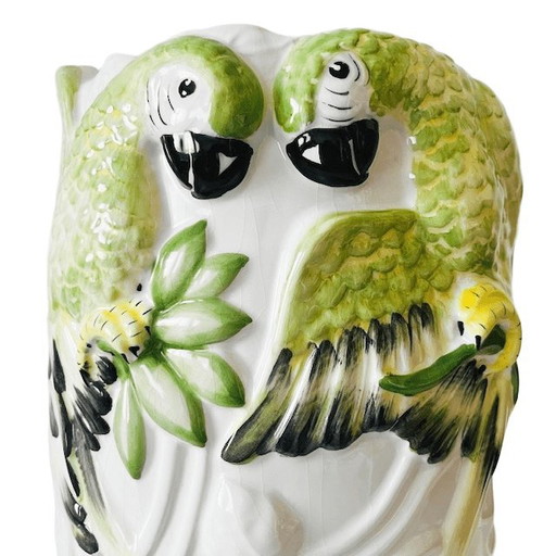 Vintage Portuguese XL white ceramic vase hand-painted parrots 1940s