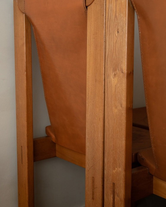 Image 1 of Brutalistische iep en lederen eetkamerstoelen van Giovanni Luigi Gorgoni voor Roche Bobois, jaren 70, set van 7