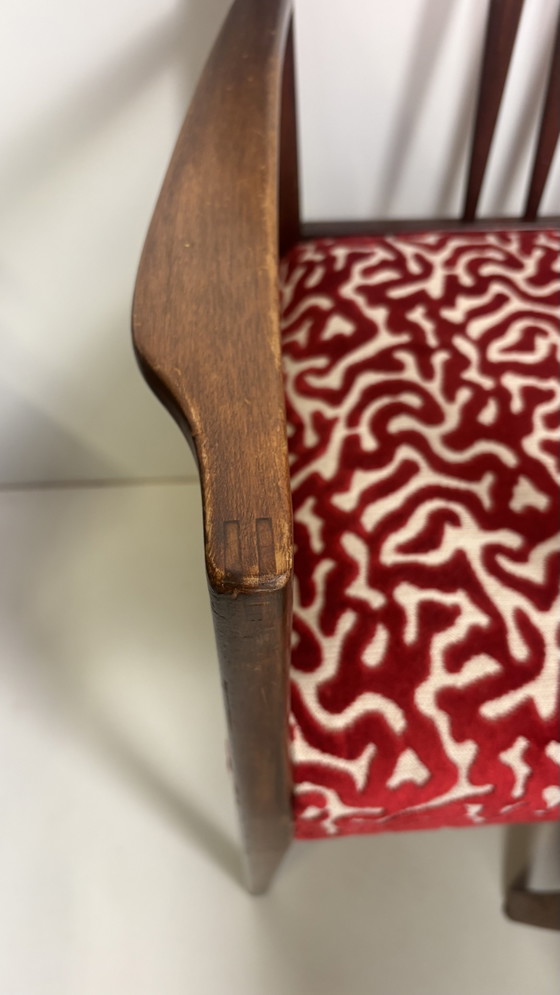 6 sedie da pranzo vintage Gordon Russell in legno con seduta stampata W.H. Curly Coral. – Velvet, Wood (photo 7 of 15)