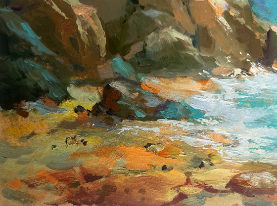 Image 1 of Peinture à l'huile originale représentant un paysage marin côtier. Navigation vers le rivage en bateau.