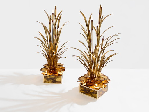 Maison Jansen Pair of Brass Reeds Water Lilies Floor Lamps 1970s
