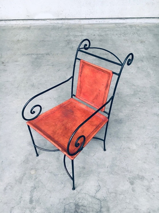 Image 1 of Eetkamerstoelset van smeedijzer en cognackleurig leer, Spanje, jaren 60