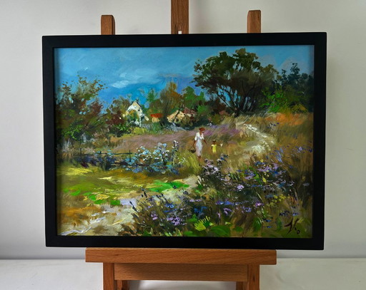 Original Oil Painting Summer Village Landscape Joyful walks through the field