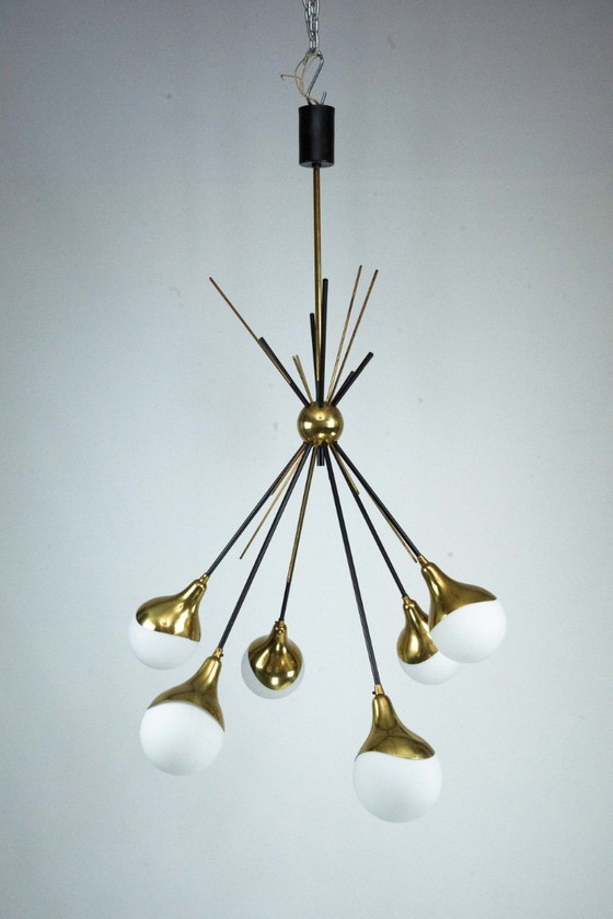Image 1 of Mid-Century Italian 6-Arm Stilnovo Brass and opaline Glass Chandelier, 1950s