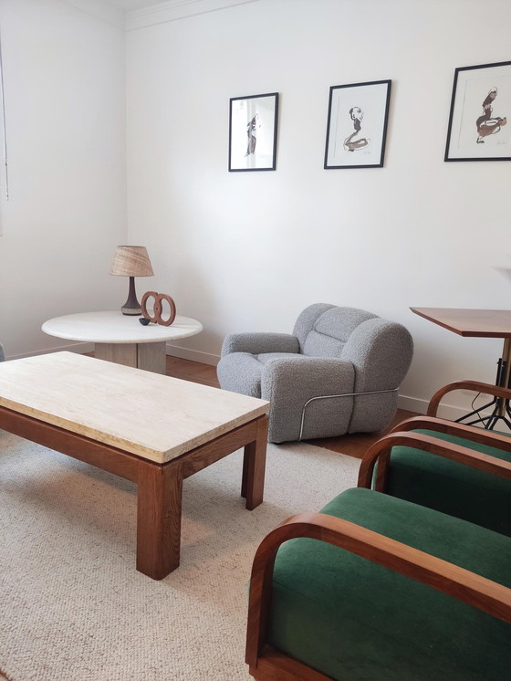 Image 1 of Wood & Travertine Coffee Table