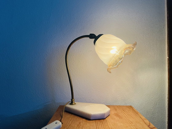 Image 1 of Elegant swan neck adjustable table lamp with marble base and glass tulip lampshade, 1960s