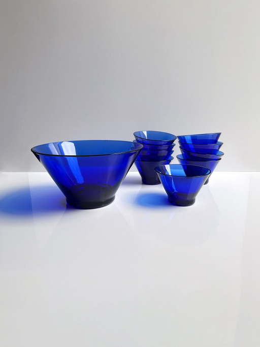 Vintage bowls set bowl cobalt blue glass ultramarine art deco revival 80s dessert fruit salad bowl