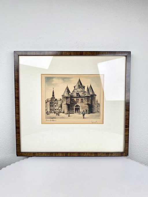 Small Vintage Art Print of De Waag, Amsterdam / Nieuwmarkt in Wooden Vintage Frame - Traditional Dutch Amsterdam Artwork