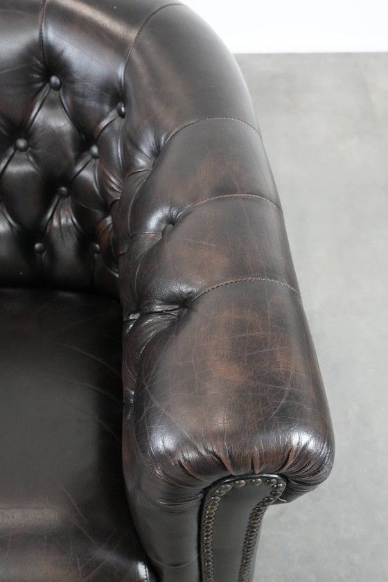 Image 1 of Donkere luxe rundleren Chesterfield clubfauteuil in Engelse stijl, afgewerkt met siernagels