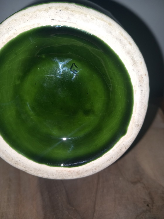 Image 1 of Rare Modernist Pitcher 1950 – Emerald Green Flamed Enamel – Signed "E" – Elchinger Collection / Vallauris