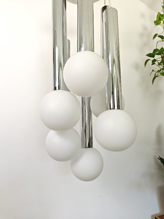 Image 1 of Vintage Sijaj Hrastnik Chandelier / Mid Century Modern Chrome & Glass Globe Pendant Lamp / Space Age Ceiling Light / Yugoslavian