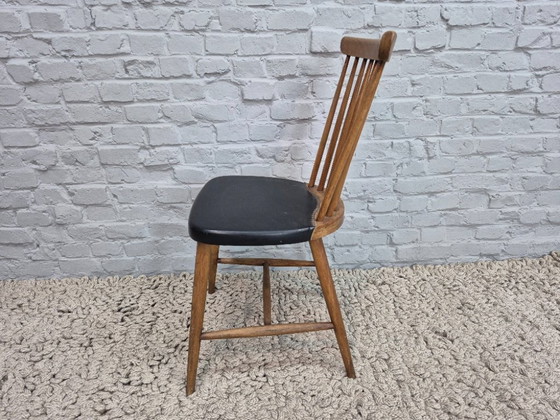 Image 1 of Vintage Design Set of Three Spindle-Back Kitchen Chairs – Teak Wood with Black Leatherette Upholstery, Scandinavia, 1960s
