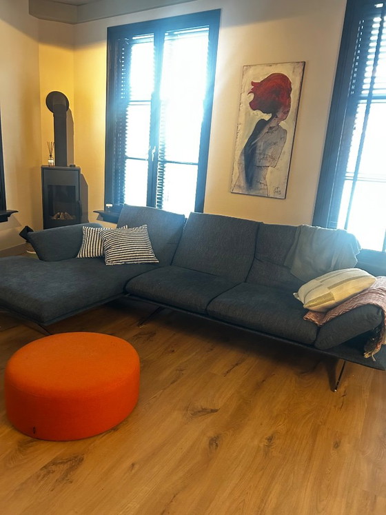 Modern corner sofa with chaise longue, dark blue textile, Panca, Metal (photo 2 of 5)