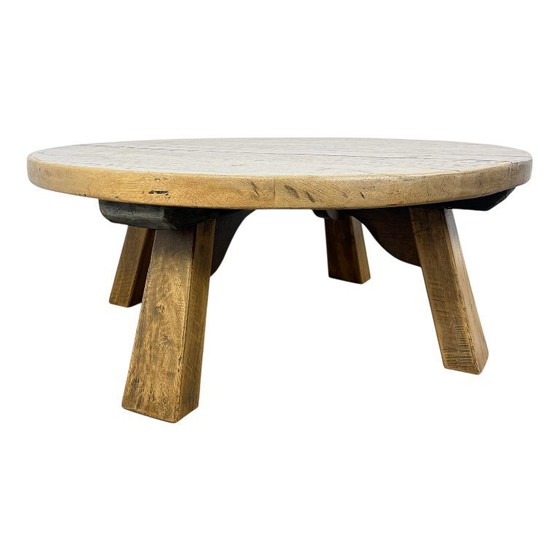 Image 1 of Rustic solid oak coffee table – round brutalist style – vintage European design