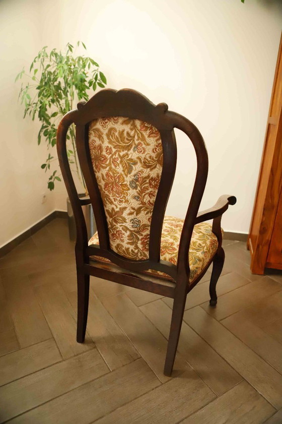 Image 1 of Antique Queen Anne Revival Carver Armchair with Floral Tapestry Upholstery 