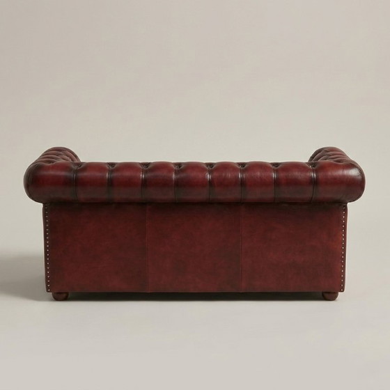 Image 1 of Canapé Chesterfield vintage 3 places en cuir bourgogne - structure en teck, années 60