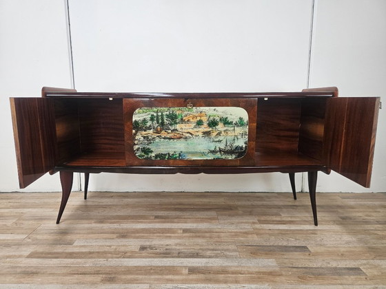Image 1 of Mid-century mahogany sideboard from the 1950s with aqua green glass and a central bar compartment