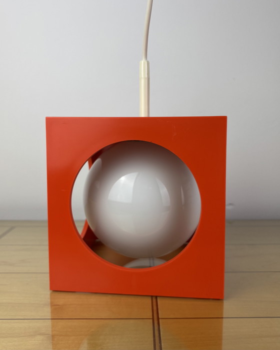 Image 1 of Space Age Ceiling Lamp, Richard Essig, Orange Minimalistic Cube Design, 1970s, Retro-Futuristic Lamp, Germany, Sputnik Design