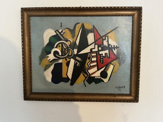 Image 1 of Abstract geometrisch schilderij – gesigneerd – olieverf op paneel met vintage lijst