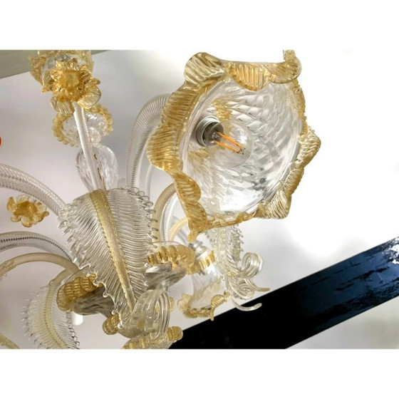 Image 1 of Lampadario in vetro di Murano in stile veneziano trasparente e oro con fiori e foglie
