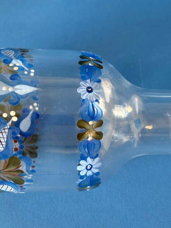 Image 1 of Unique hand-painted crystal carafe with 4 glasses, vintage