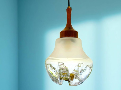 Mid Century hanging lamp in wood and art glass in style of Mazzega, 1960s