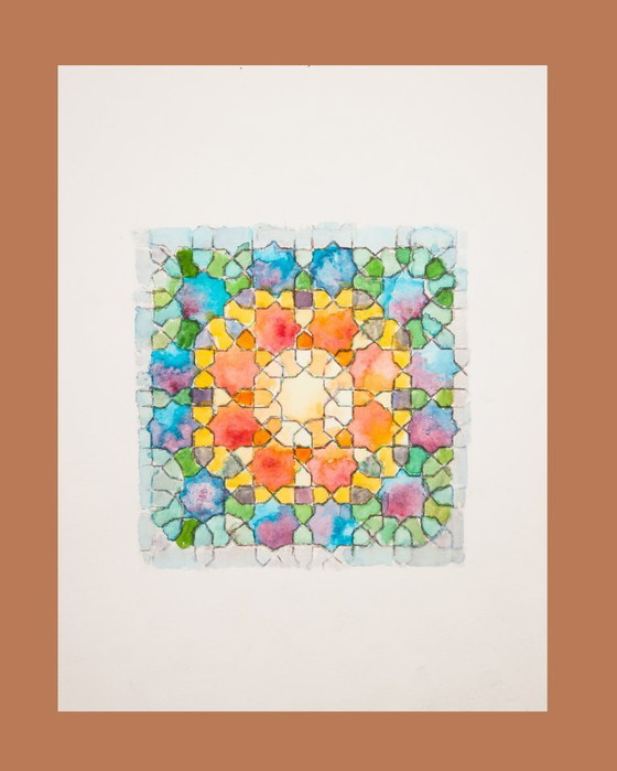 Image 1 of Original watercolor of a Moorish tile. Arabic tile painting. Geometric painting. Watercolor with a geometric motif. New.