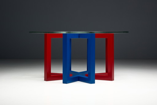 Postmodern Dining Table with Hand-Blown Glass Top, Italy, 1980s