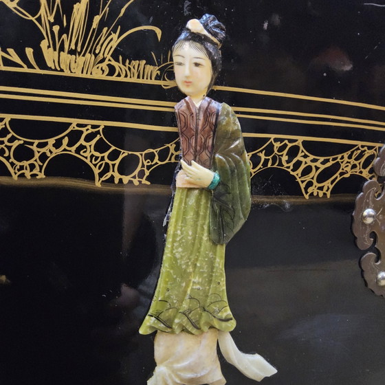 Vintage Chinese black lacquer cabinet (soapstone, mother-of-pearl) bohemian / oriental cabinet ^ bridal (photo 13 of 15)