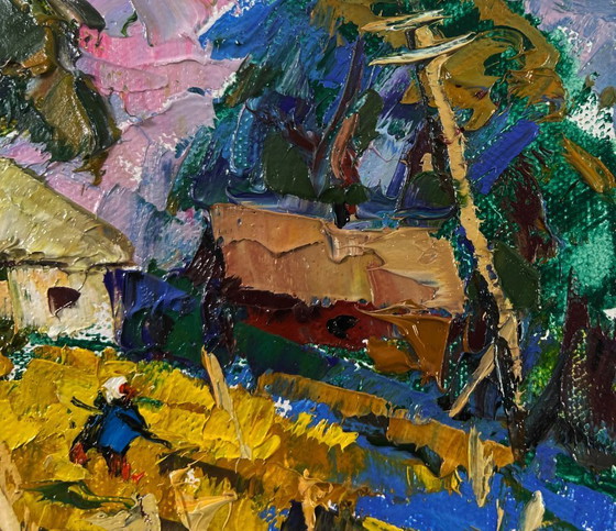 Image 1 of Original Oil Painting Summer Houses Landscape Village evening tranquility