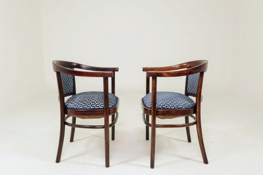 Art-Deco-Sesselset mit zwei Sesseln von Thonet, nachtblauer Jacquard, komplett restauriert