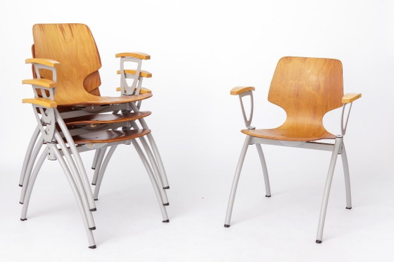 Image 1 of Set of 4 Vintage Pagholz Stackable Chairs, Industrial Dining Chairs, Germany 1970s, Beech Wood Armrests