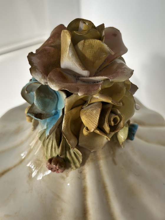 Image 1 of Vintage Baroque-Style Ceramic Lidded Bowl with Hand-Applied Flowers