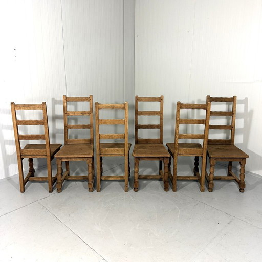 6 sillas de comedor rústicas antiguas de roble con respaldo alto, década de 1900