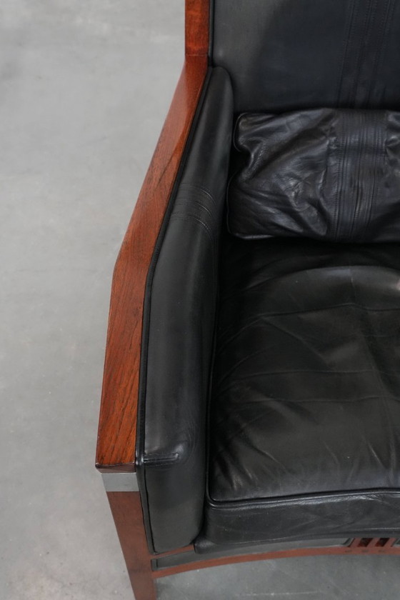 Image 1 of Zwarte Art Deco rundleren en houten Schuitema design fauteuil uit de Decoforma serie met een hoge rug