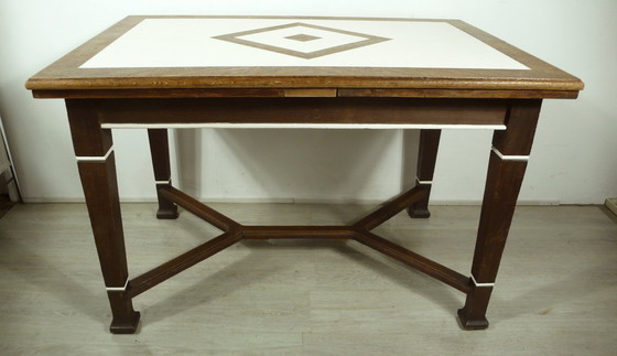 Image 1 of Table de salle à manger antique extensible en chêne massif + crème-blanc, Art Nouveau Nikolaischule vers 1900