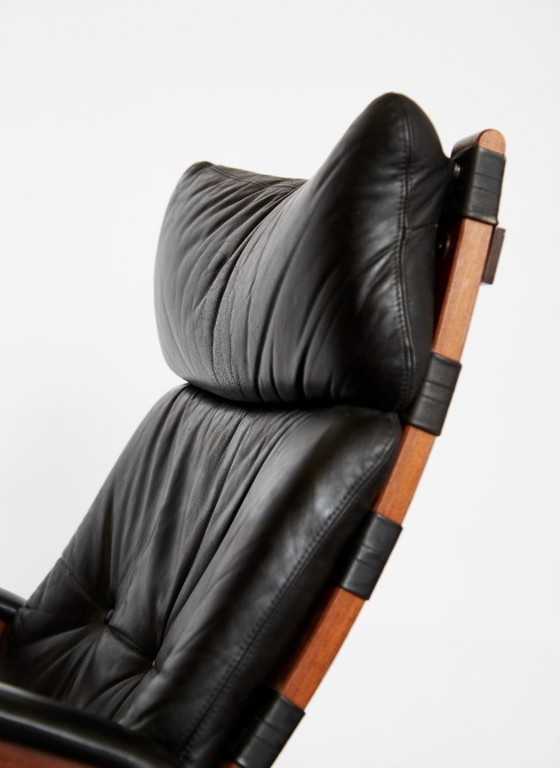 Image 1 of Sedia a sbalzo scandinava in pelle con poggiapiedi di Elsa & Nordahl Solheim per Rybo Rykken, anni '60, set di 2