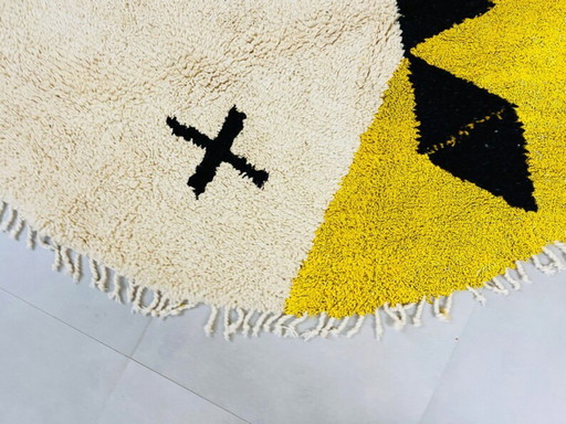 Round Beni ourain rug, Authentic Moroccan rug, Yellow and White Rug, Genuine Wool rug, Handmade rug 200cm