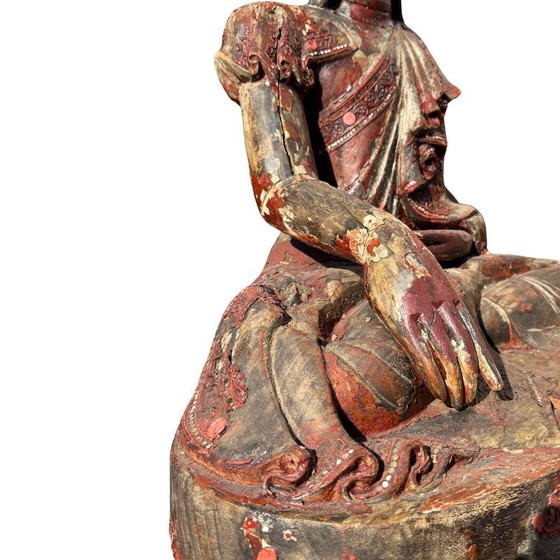 Antique Wooden Buddha Statue from Burma - Large Mandalay Buddha with Mirror Inlay – Sculpture (photo 6 of 18)