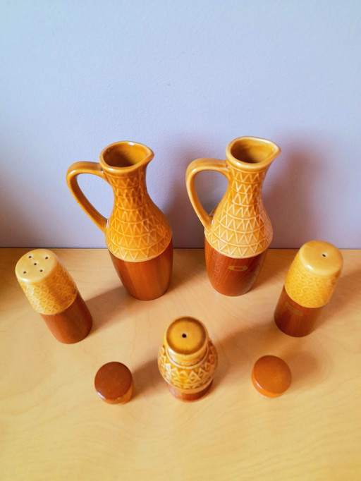 Condiment set, ceramic and wood, 1970