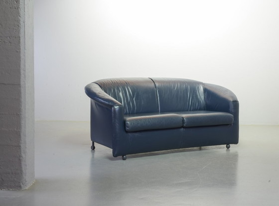 Image 1 of Mid-Century Design Wittmann Petrol Blue Soft Leather Two-Seat Sofa, Model Aura Designed by Paolo Piva. Austria, 1980s.