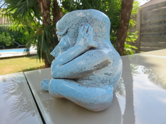 Image 1 of anthropomorphic vase in blue glazed ceramic, 1990