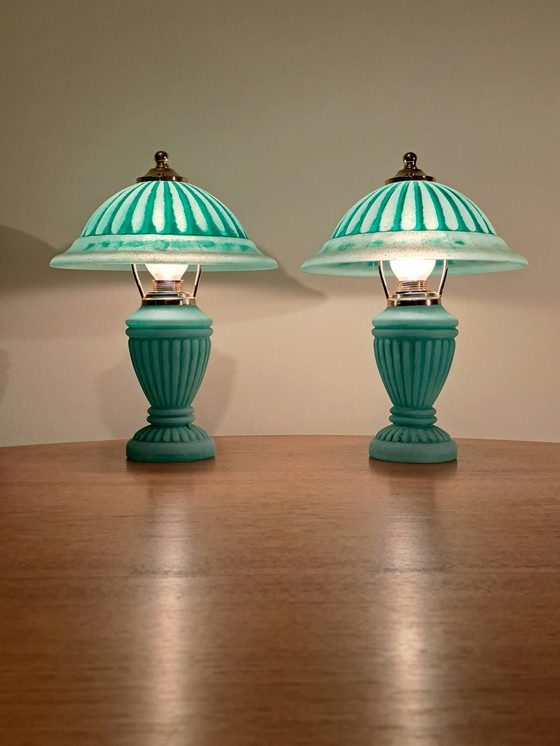 Image 1 of 🔵🟡 2 Vintage Glass & Brass Table Lamps – Turquoise – Excellent Condition