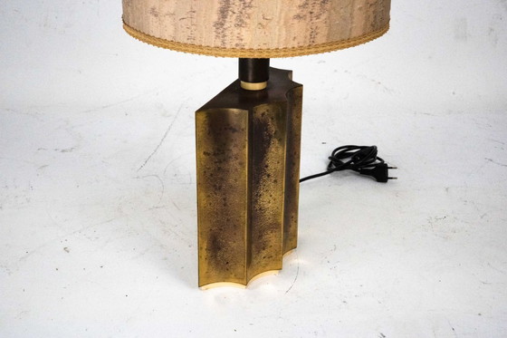 Image 1 of Vintage Brass Table Lamp with Fabric Shade – Original Patina. Italy 1970s