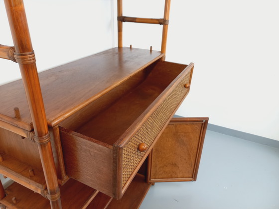 Image 1 of Large Vintage Rattan, Wood and Cane Bookcase from the 70s