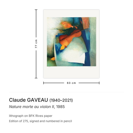 Claude Gaveau signierte Lithographie Nature Morte Au Violon II 1985 – Lithographien & Drucke, Paper (photo 3 of 5)