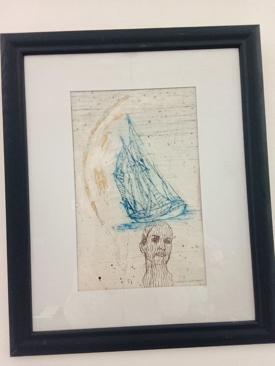 Image 1 of Gravure signée à la main. Le vent dans les voiles sur le chemin du retour