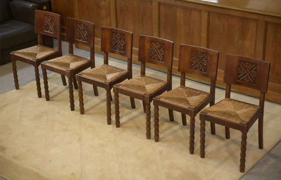Set of 6 Charles Dudouyt chairs in oak from the 1950s., Dining chairs, Brown, Vintage (photo 10 of 13)